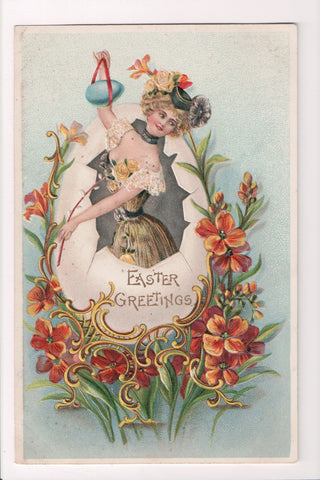 Easter - EASTER GREETINGS - Lady popping out of an egg shell - D04042