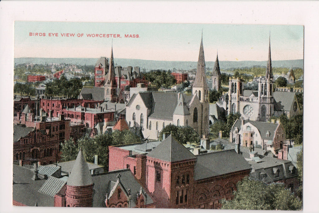 MA, Worcester - Bird Eye View postcard w/several churches - D05300