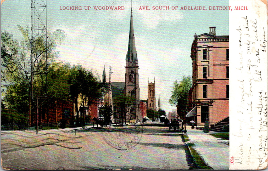 MI, DETROIT - WOODWARD AVE, south of Adelaide (tower) - 1906 postcard - D05423