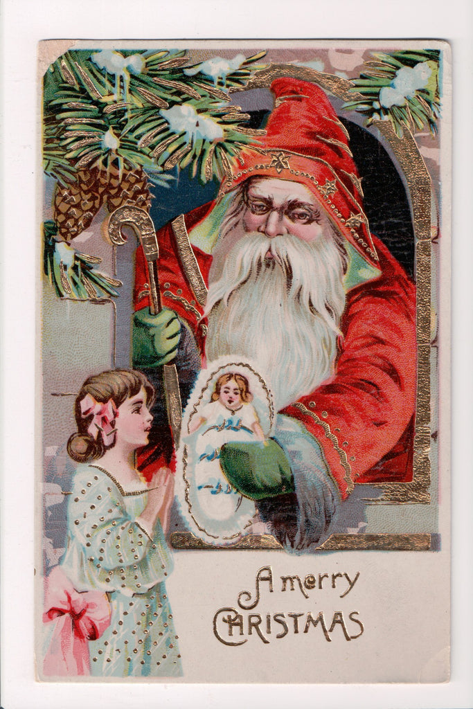 Xmas - Santa with stars on his cap, blue mittens, holding a cane, girl, doll - D