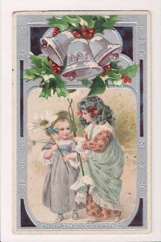 Xmas postcard - Christmas - Cute Girls under silver bells - D07177