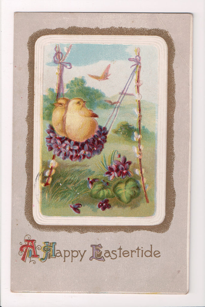 Easter postcard - 2 chicks swinging on seat of flowers - D08281