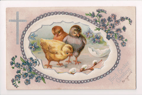 Easter postcard - chicks looking down at a pussy willow sprig - D08282