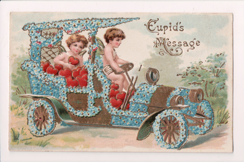 Valentine postcard - Cupids Message - flowered car, angels - D17232
