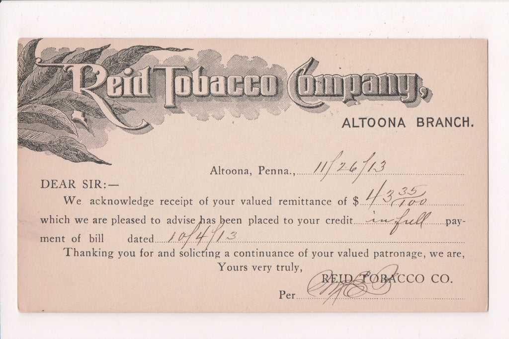 PA, ALTOONA - Reid Tobacco Co Advertising / Correspondence (original SOLD) D17434