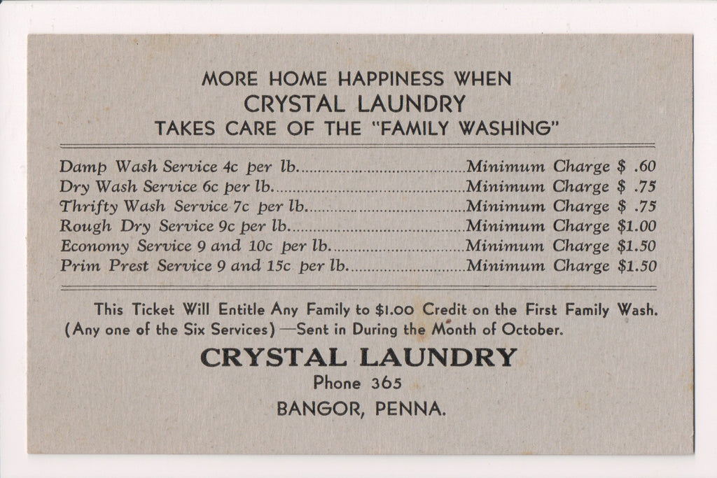 PA, Bangor - Crystal Laundry Advertising card w/prices - D17445