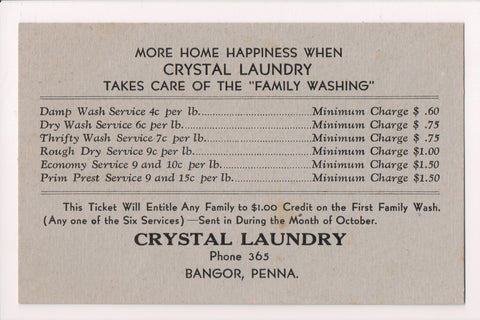 PA, Bangor - Crystal Laundry Advertising card w/prices - D17445
