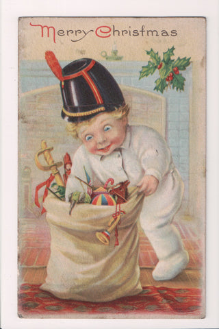 Xmas postcard - Christmas - Boy peering into Sack of toys - D18007