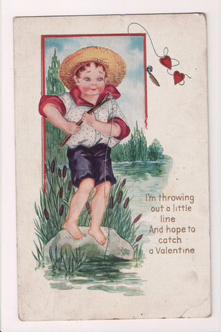 Valentine postcard - I'm throwing out a little line - boy fishing - Whitney - D1