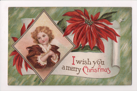 Xmas - pretty boy in diamond shape, poinsettia, scroll - postcard - D18023