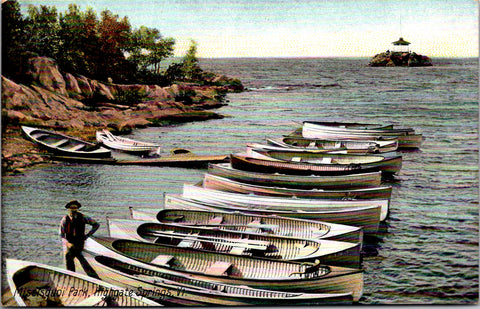 VT, Highgate Springs - Missisquoi Park, man, boats, island postcard - D18137