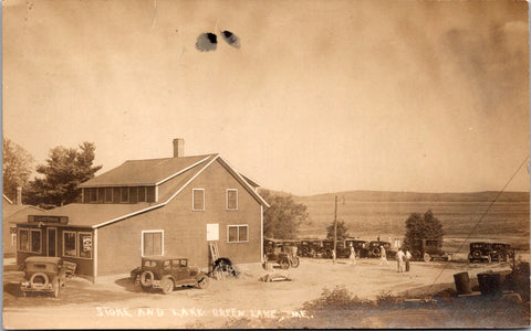 ME, GREEN LAKE- Store, Lake, people, old cars - 1931 RPPC - DG0033