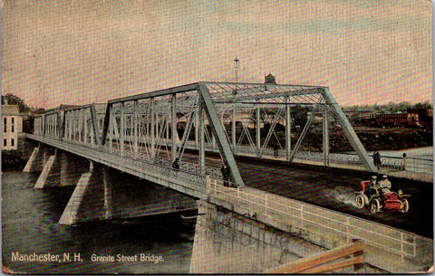 NH, Manchester - Granite Street Bridge - motor car - 1910 postcard - DG0194