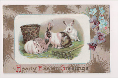 Easter - Bunnies, basket, wooden rake postcard - E03077