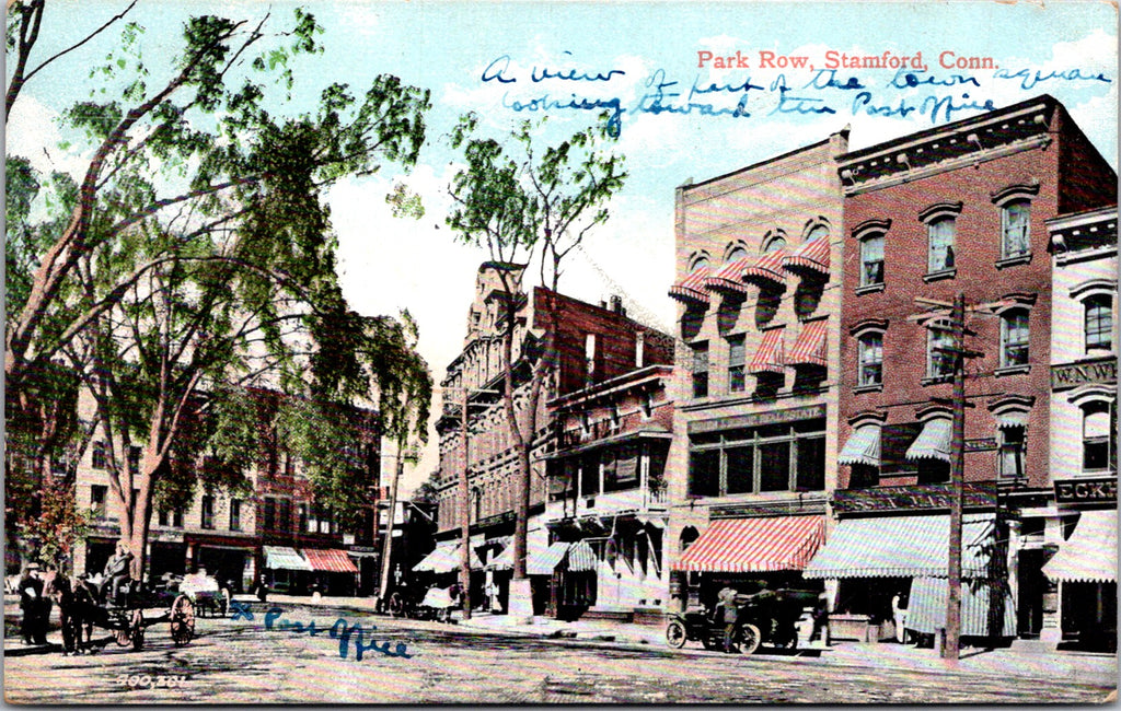 CT, Stamford - Park Row buildings, Essex Market sign - postcard - E04073