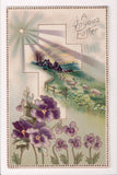 Easter postcard - Pansies, sheep rural scene - G A - #1410 - E04190