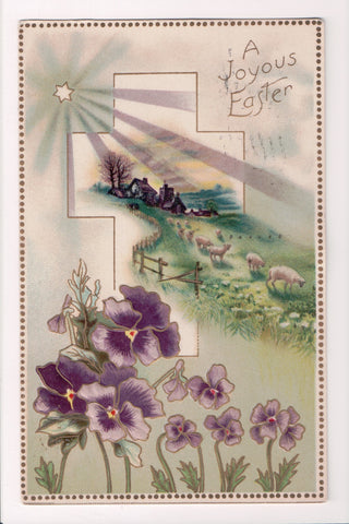 Easter postcard - Pansies, sheep rural scene - G A - #1410 - E04190