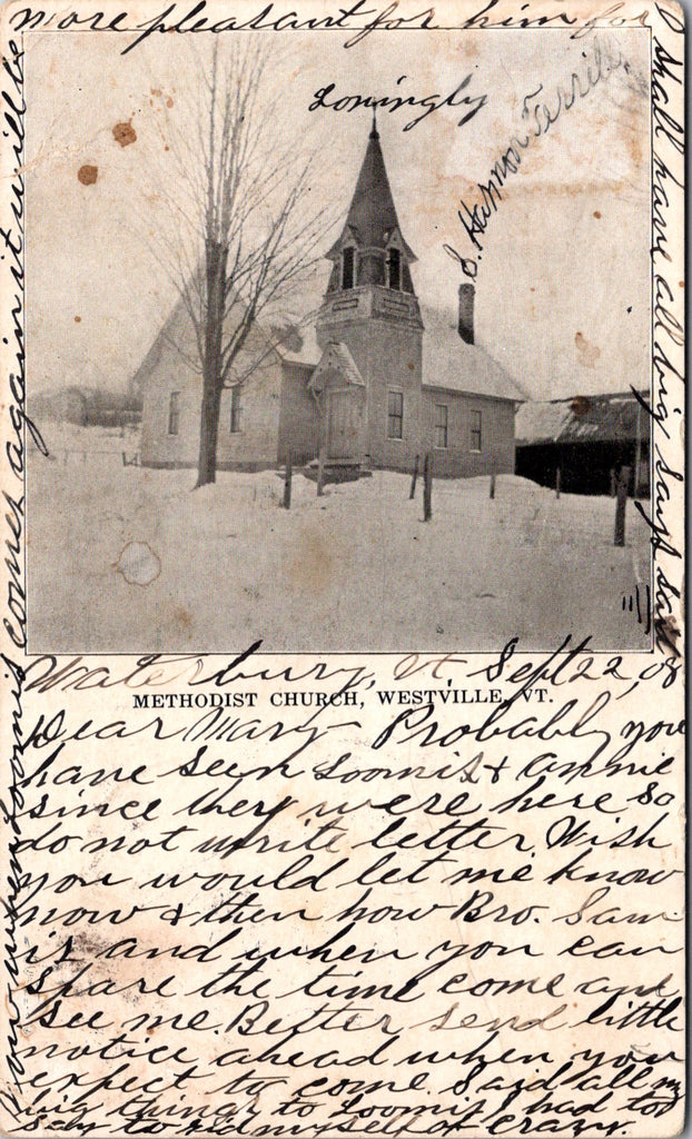 VT, WESTVILLE - Methodist Church, in snow - 1908 postcard - E09071