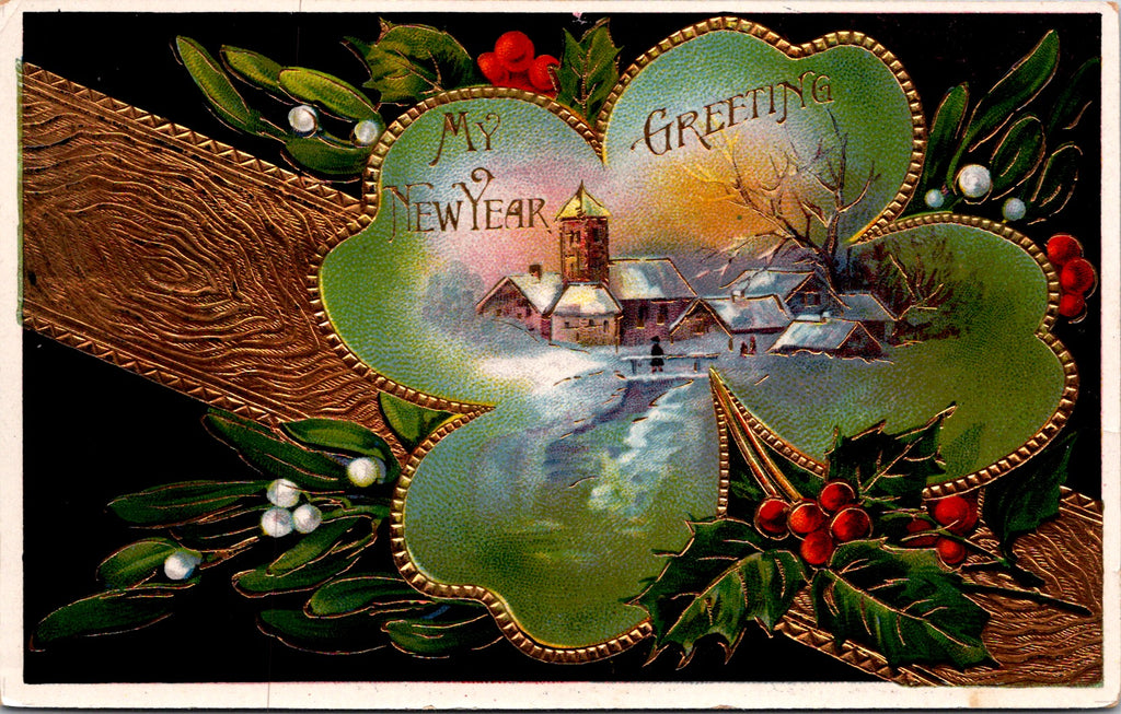 New Year - Black with gold winter scene postcard - E10300