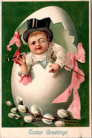 Easter - chubby baby with top hat, cigar, cane popping out of egg postcard - E10
