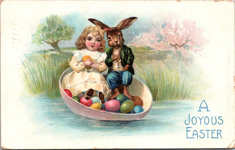 Easter - Anthropomorphic dressed rabbit, sitting with girl postcard - E10337