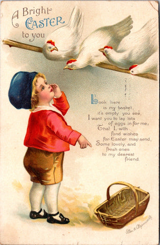 Easter - boy pointing out a basket to 4 white hens - Clapsaddle postcard - E1033