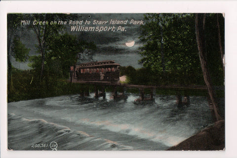PA, Williamsport - Mill Creek, train crossing bridge at night - E10405