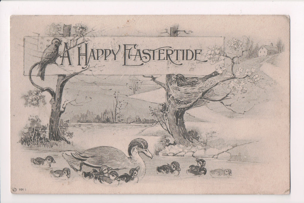 Easter postcard - HAPPY EASTERTIDE - duck and ducklings - E10541