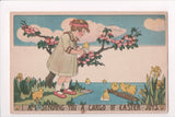 Easter - girl, chicks (some on shells), yellow irises? - @1918 postcard - B18016