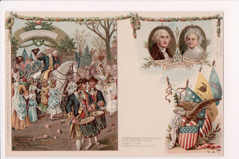 Postcard - Patriotic - showing Washingtons reception, flags, drummers - EP0122