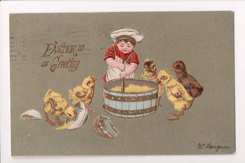 Easter - boy in cooks hat, apron - chicks looking in barrel, Langner card - A060