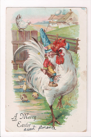Easter - Elf or Gnome riding a rooster as if a horse, #425, postcard - A17009