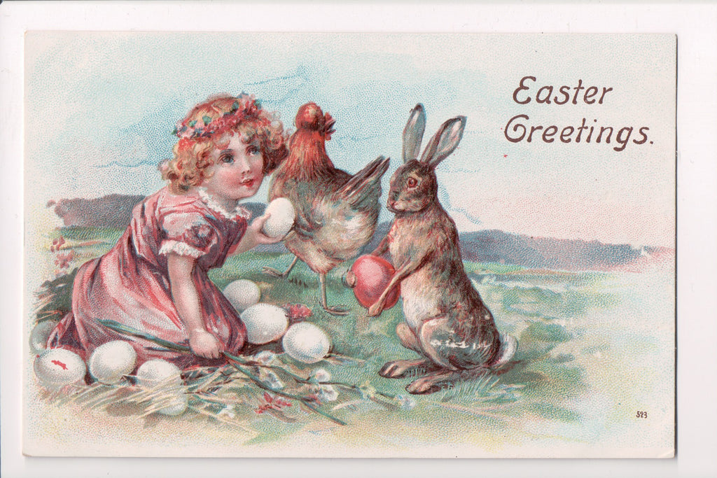 Easter - Girl with bunny rabbit, hen and eggs postcard - B06332