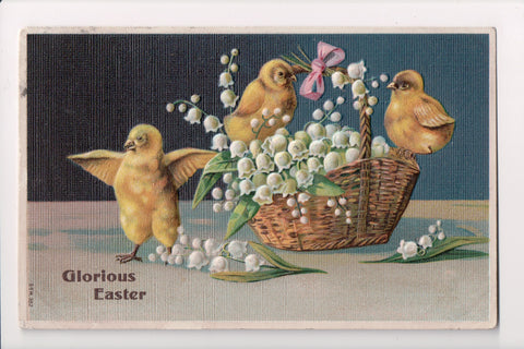 Easter - Chicks, basket of lilies of the valley flowers postcard - B10093