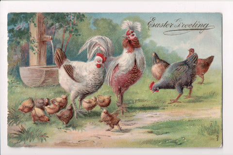 Easter - Fancy Rooster and hens, chicks, water pump, gold gilt - B10094