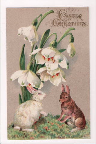 Easter - 2 Rabbits under some white snow drop flowers postcard - C-0105