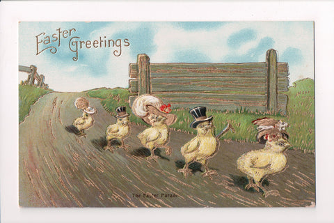 Easter - Anthropomorphic, fantasy, chicks upright, gilt postcard - C04249