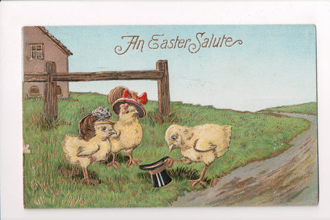 Easter - Anthropomorphic, fantasy, chicks upright, top hat, gilt postcard - C042