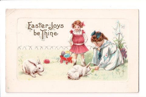 Easter - girls playing with a couple of white rabbits - Series 309B - C06212