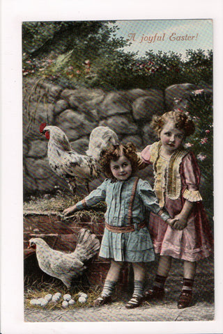 Easter - cute kids posing with a hen and rooster, eggs postcard - C17019