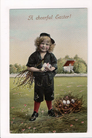Easter - cute boy posing with eggs, pussy willows postcard - C17025