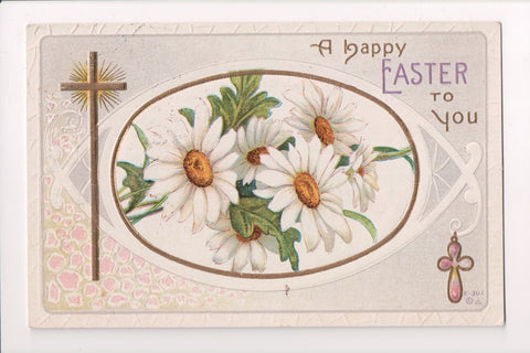 Easter - gold crosses, daisy flowers - Nash E304 postcard - C17046