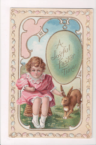 EASTER - Girl in pink dress holding rabbit by the ear - art deco type card - C17
