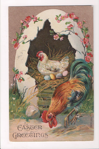 Easter - Hen setting on eggs with rooster nearby postcard - C17137