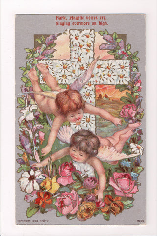 Easter - 2 bare butted little angels in front of cross of flowers - C17156