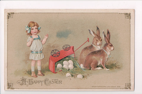 Easter - girl, rabbits and an overturned cart, eggs - Winsch postcard - C17171