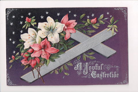 Easter - Silver Cross, pink and white lilies, purple background - C17310