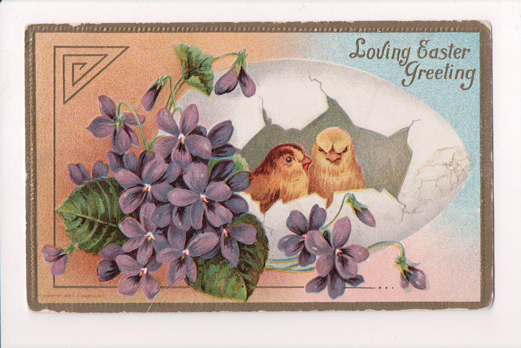 Easter - 2 chicks in an open shell, purple flowers - #283 on postcard - C17343