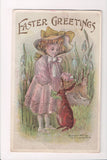 Easter - Girl and bunny rabbits - Fred C Lounsbury postcard - C17493