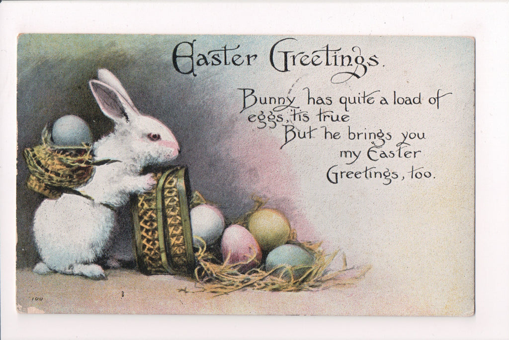 Easter - bunny dumping colored eggs from basket postcard - C17783